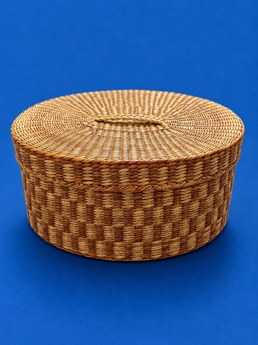 Vintage Handwoven Lidded Basket – Red & Natural Woven Storage Basket Boho Decor